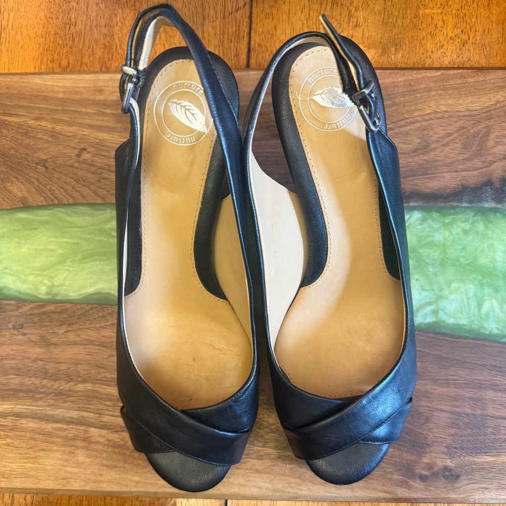 Nurture Leather Peep Toe Black Slingback Heels 8M